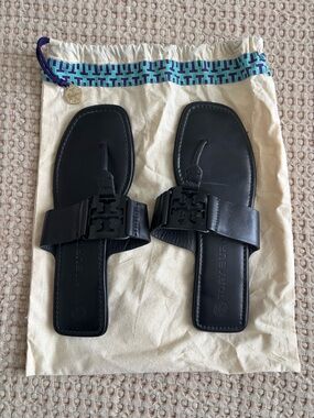 Tory Burch Black Leather Logo Slide Sandals